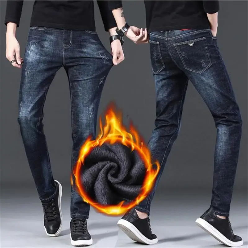 

Плотные теплые мужские прямые свободные удобные джинсы с флисовой подкладкой качества AAA +, прямые штаны