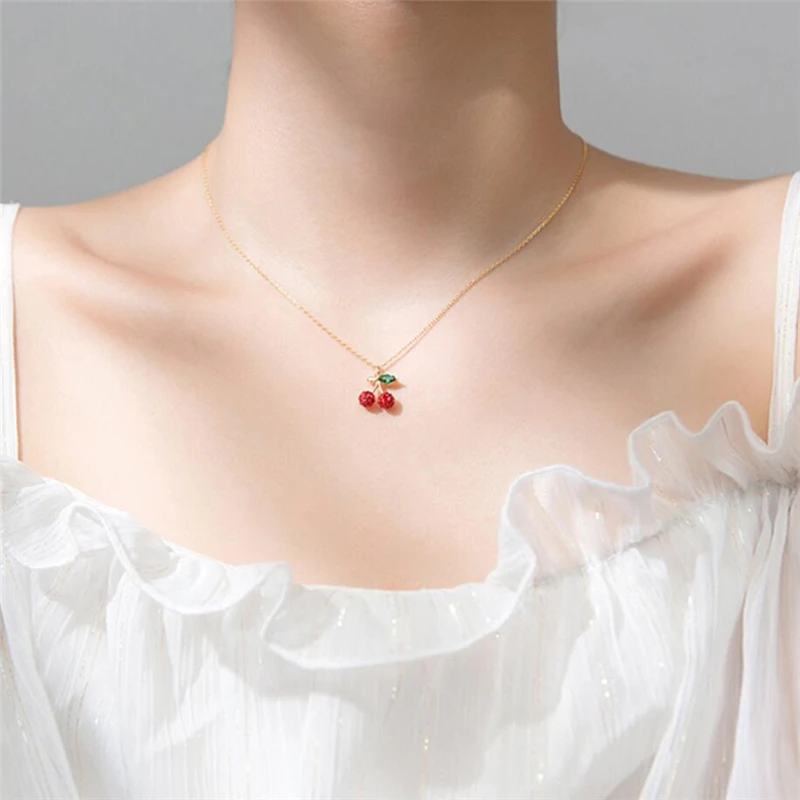 Женские цепочки до ключицы красные стразы из серебра 925 пробы с листьями вишни и