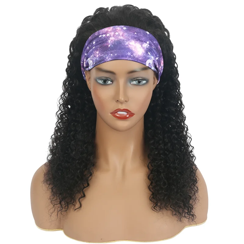 Headband Wig Glueless Kinky Curly Wig Headband Blend Human Hair Woman Non Lace Front Wigs Nature Color Wear and Go 150% Dentiny