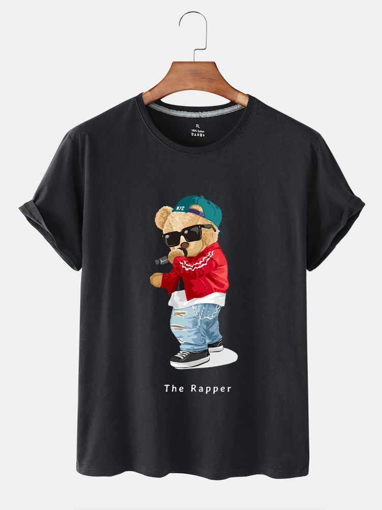 

100% Cotton Hip-hop Bear Print O-neck Short-sleeved T-shirt Women 2021 Summer Casual Short-sleeved Unisex Oversized T-shirt Top