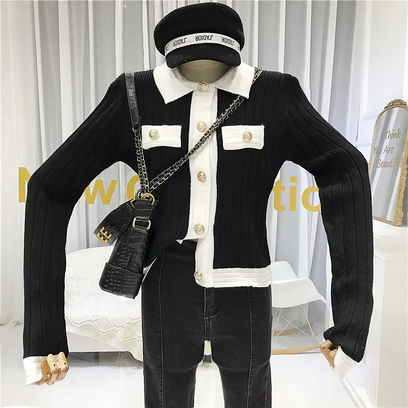 ALPHALMODA Autumn New Black and White Contrast Elegant Cardigan Women's French Fashion Short Knitting Jacket Outfit |