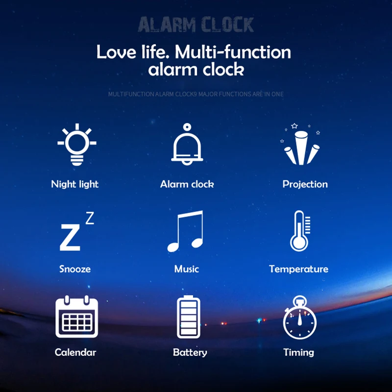 Цифровой будильник с цветными лампами домашний декоративный музыкой проекцией