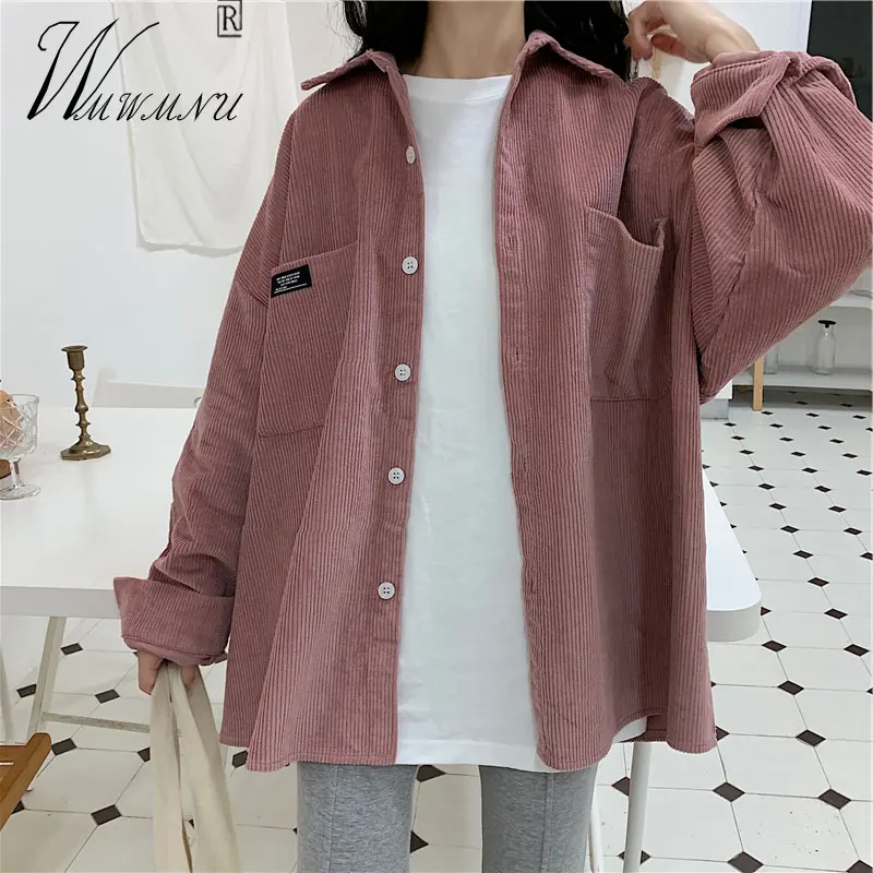 

2021 New Casual Jacket Women Corduroy Long Sleeve Single Breasted Outwear Student Fashion Street Loose Pink Cardigan Top