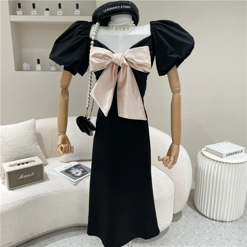 

Women's Spring Summer 2021 Fashion Square neck bow bubble sleeve shirt