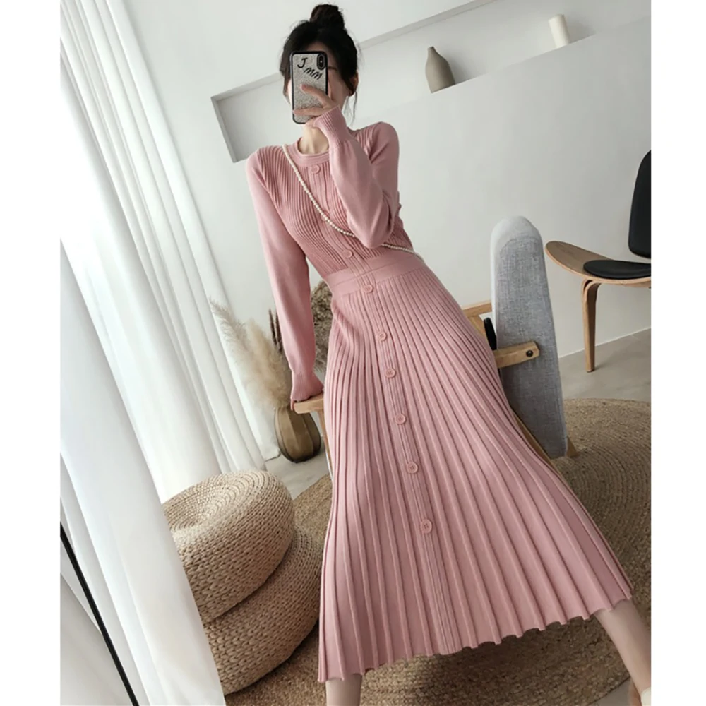 

YUANYUANJYCO Autumn Women Ankle-Length Casual Knitted Dress Draped Button A-line Long Sleeve O-neck High Waist Woman Dresses