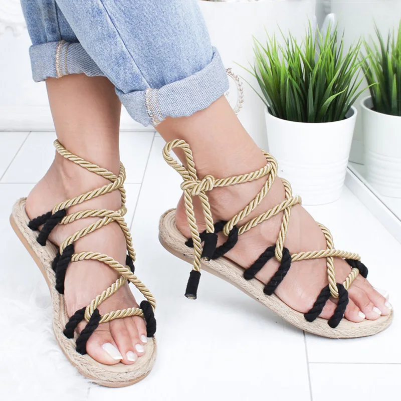 Женские сандалии-гладиаторы пляжные сандалии на плоской подошве со шнуровкой