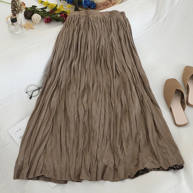 

2020 New Autumn Summer High Waist Vintage Solid Color Pleated Skirts Female Elastic Mid-calf Length Skirts
