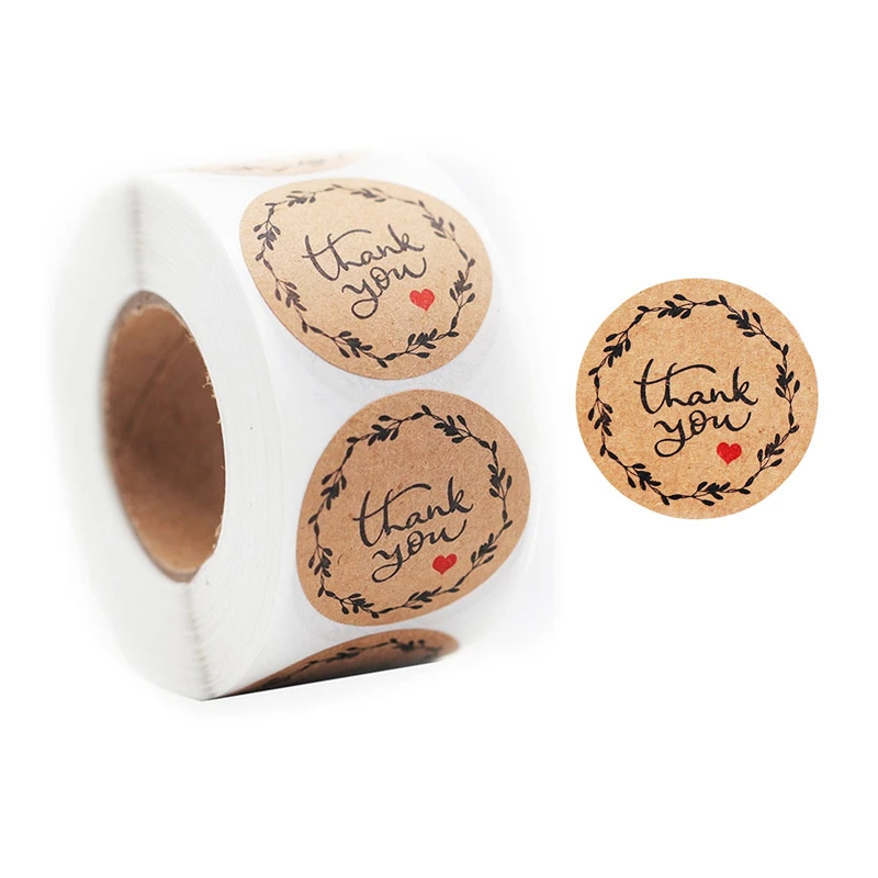 

1Inch 500Pcs/Roll Kraft Paper Thank You Sticker Labels for Small Business Bread Desserts Gift Bag Package Wrapping Wedding Party