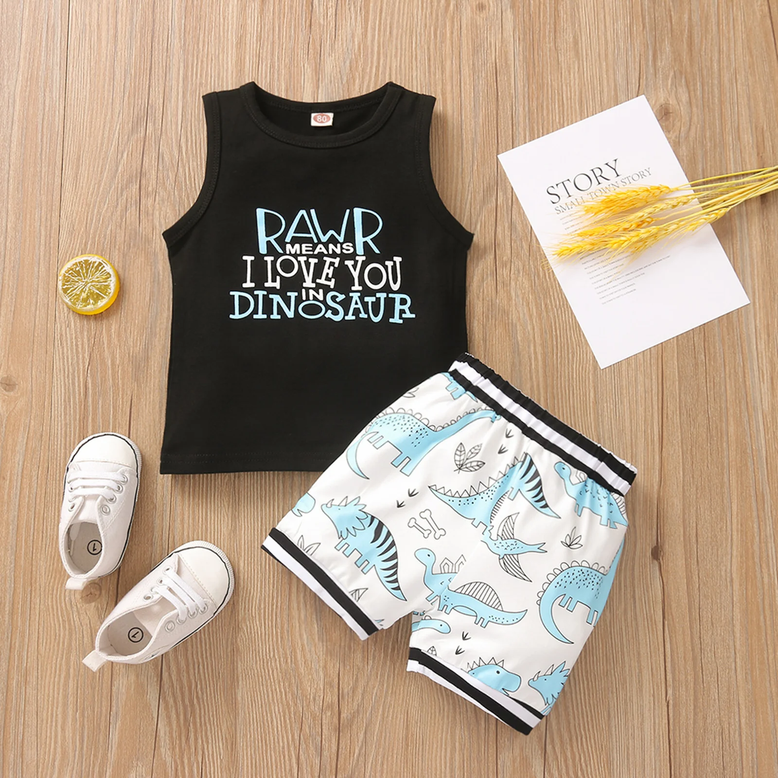 

2020 New Summer 6M-3Y Toddler Baby Boy Girl 2Pcs Set RAWR DINOSAUR Sleeveless Letter Print Vest+Cartoon Dinosaurs Shorts Outfit