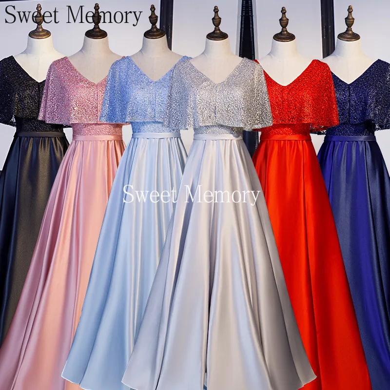 N2135 на заказ с коротким рукавом Длинные атласные черные синие розовые платья