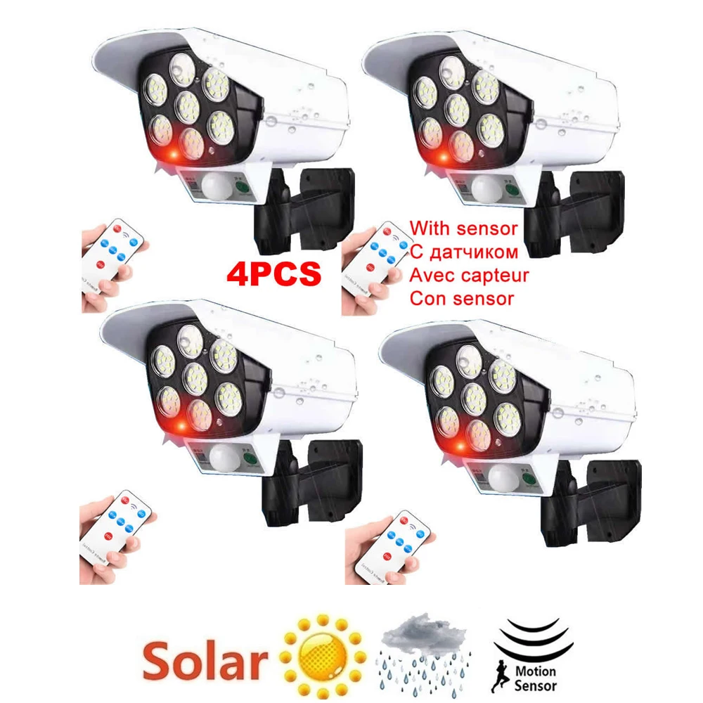 

4pcs remote solar fake monitor dummy camera Motion Sensor Wall Light Outdoor Waterproof Garden Street Lamp Garden emergency ligh