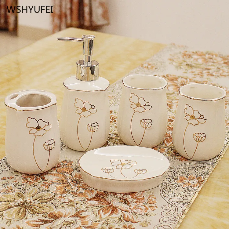 

WSHYUFEI European Ceramics Bathroom Set Five-piece set High-end Mouth Cup Wash Toothbrush Holder Creative Bathroom Kit