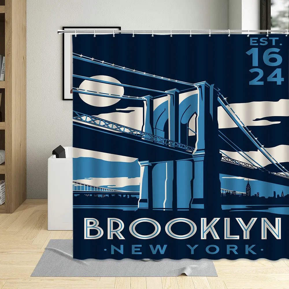 

European Style American Landscape Building Illustration Pattern Bathroom Shower Curtain Waterproof With Hook Polyester Washable