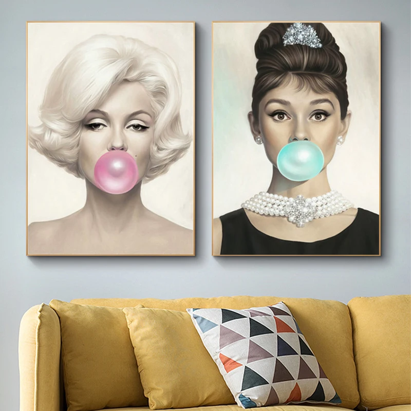 

Audrey Hepburn Chewing Bubble Gum Canvas Painting Posters Print Wall Art Pictures Cuadros for Living Room Decor