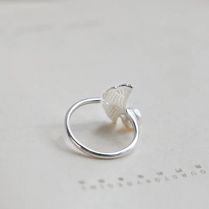

High Quality 925 Sterling Silver Ginkgo Simple Fashion Rings Pearl Ginkgo Leaf Ring Women Elegant Lady Adjustable Female Jewelry