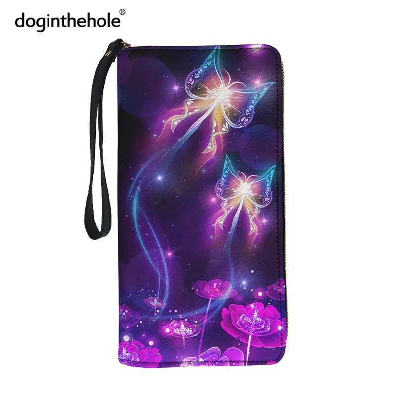 

Роскошный длинный клатч Doginthehole с бабочкой и цветочным принтом для женщин, фиолетовые женские дорожные прочные кошельки на молнии, бумажник