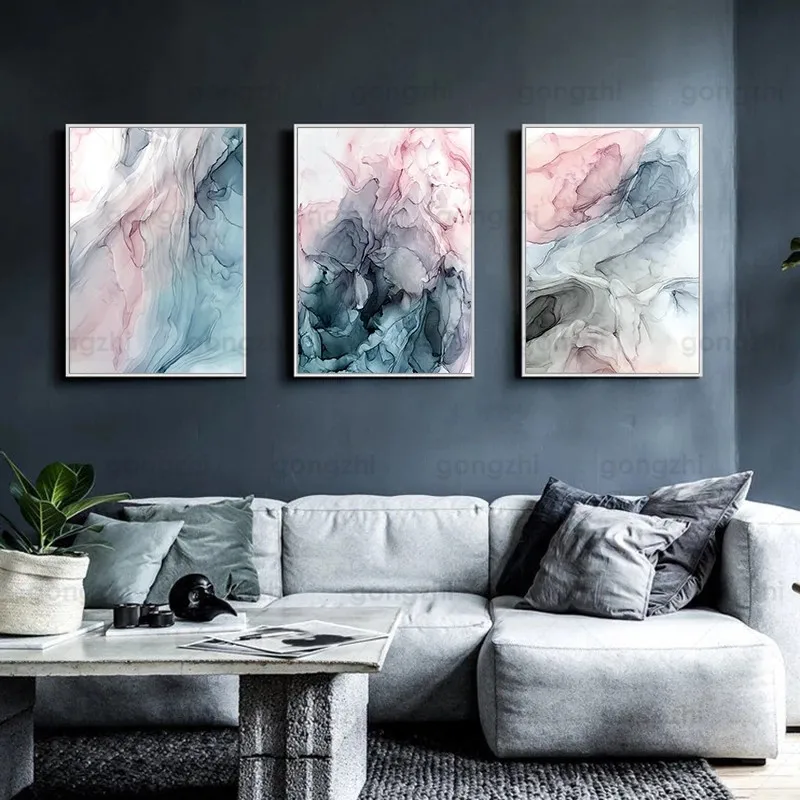 

Nordic Canvas Pink Blue Black Ink Collision Wall Art Poster High Definition Living Room Bedroom Elegant Decor Printing Painting