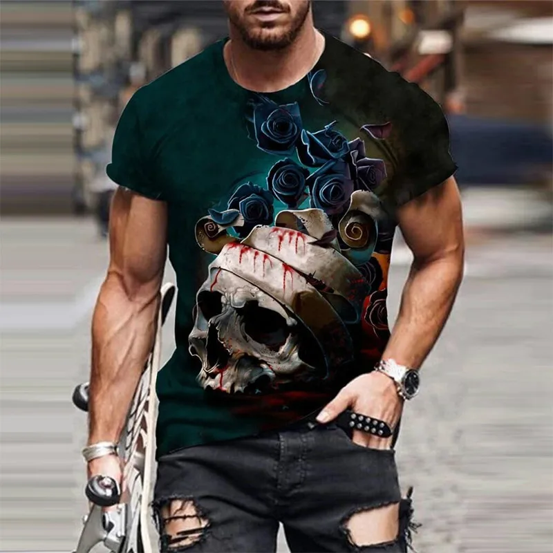 

Men's large size skull O-neck T-shirt comfortable and breathable casual short-sleeved shirt 3D printing poker suit 110-6XL new