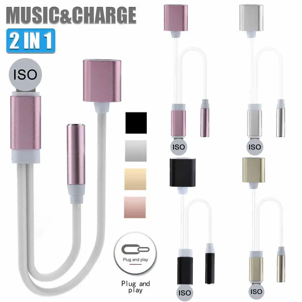 

2 in 1 Portable IOS Headphone Jack to 3.5mm Audio Jack Cable Adapter Charger for iPhone 7/8/X Headphone Charging Music Call