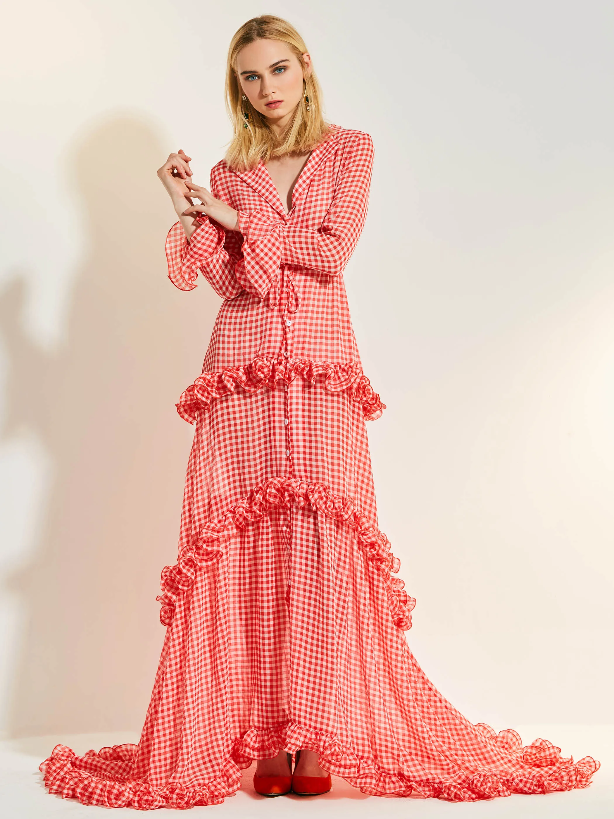 Для женщин розового цвета в клетку длинное платье до пола Длина лепесток Falbala V