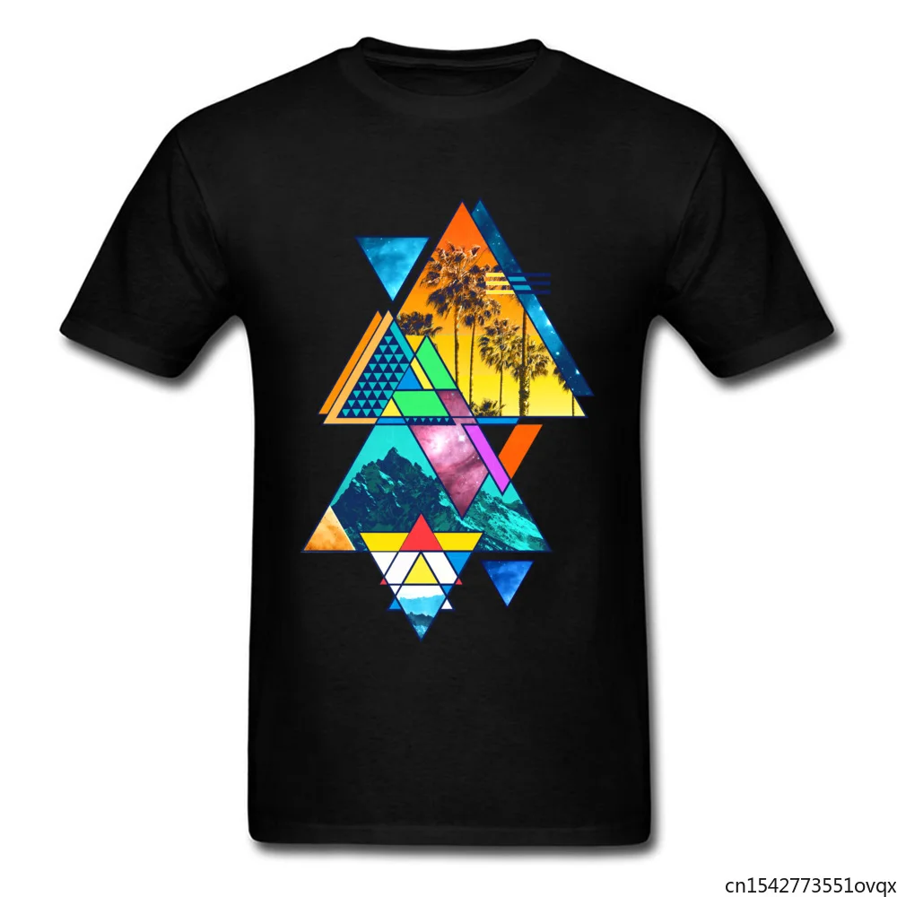 

Retro Tshirt Mens Beach and Mountain T-shirt Print Geometric Triangles T Shirts for Man Collages Black Clothes Unisex Tee