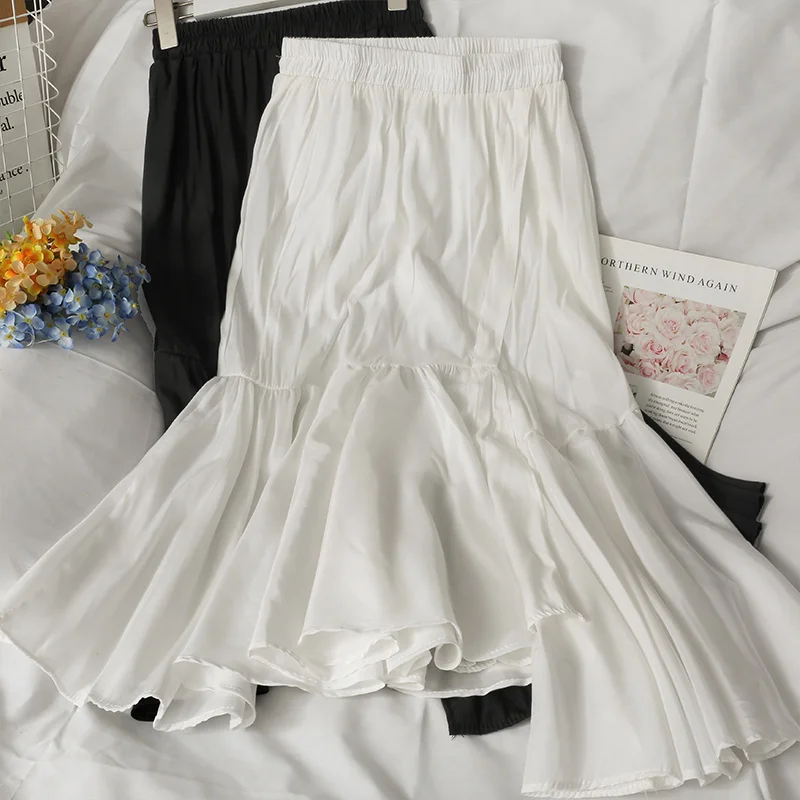 Женская Асимметричная юбка в Корейском стиле Однотонная средней длины с высокой