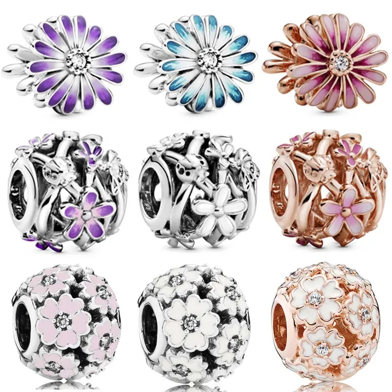 

Оригинальные бусины из стерлингового серебра 925 пробы, ажурная Маргаритка, цветок, подвеска с кристаллом, популярный браслет, DIY ювелирные и...