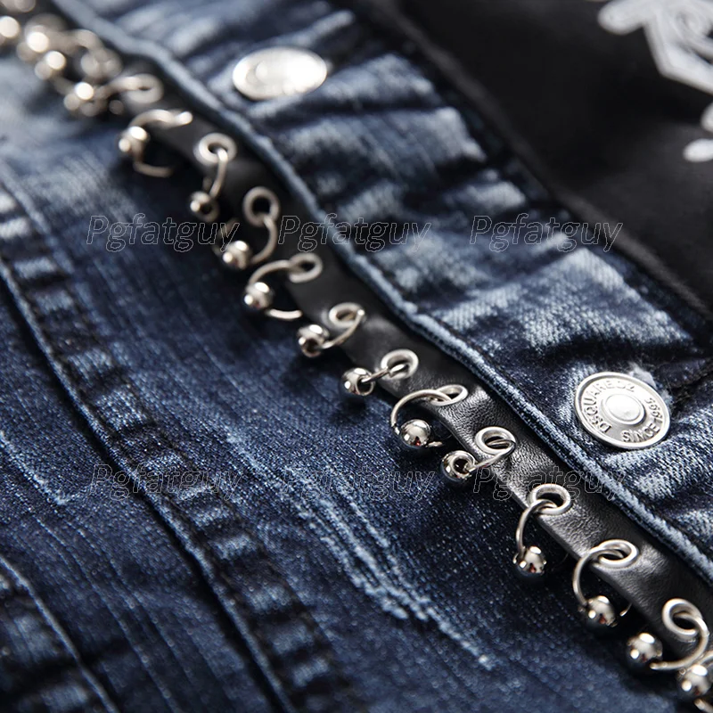 

Punk Style New Autumn and Winter Slim Printed Patch Jeans Two Piece Sets For Men Stretch Denim Jacket + Ripped Hole Skinny Jeans