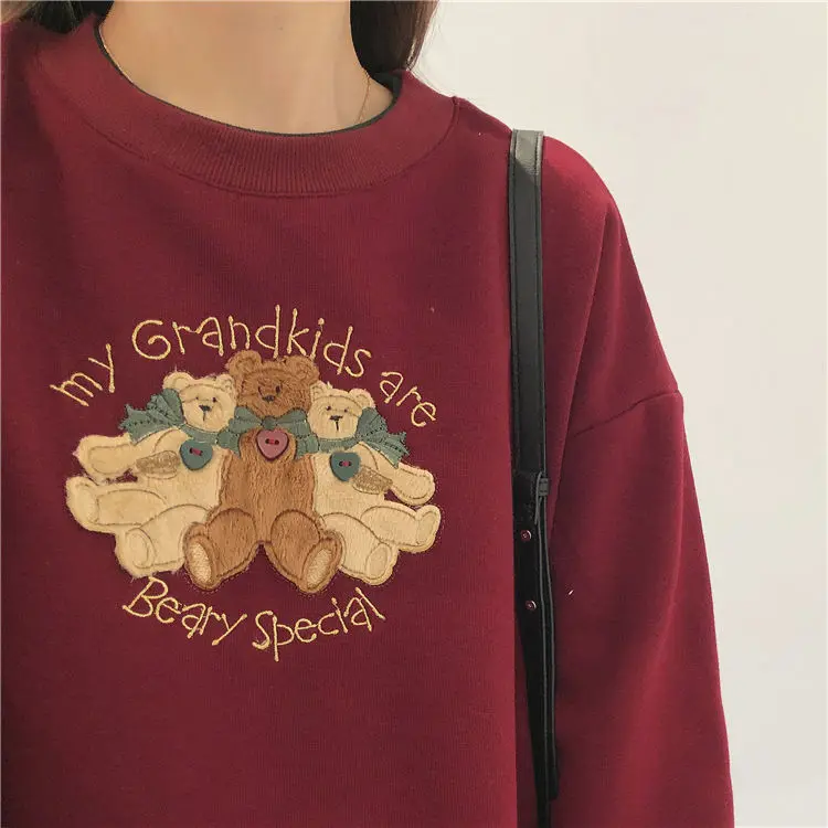 

Vintage Style Autumn Winter Retro Loose Bear Embroidery Double-Layer Collar Color-Block Crew Neck Brushed Anime Hoodies
