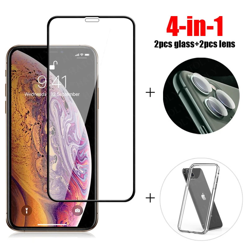 4 в 1 для стекла iPhone 12 Mini 11 Pro Max закаленное стекло SE 2020 SE2 6 7 8 Plus чехол телефона