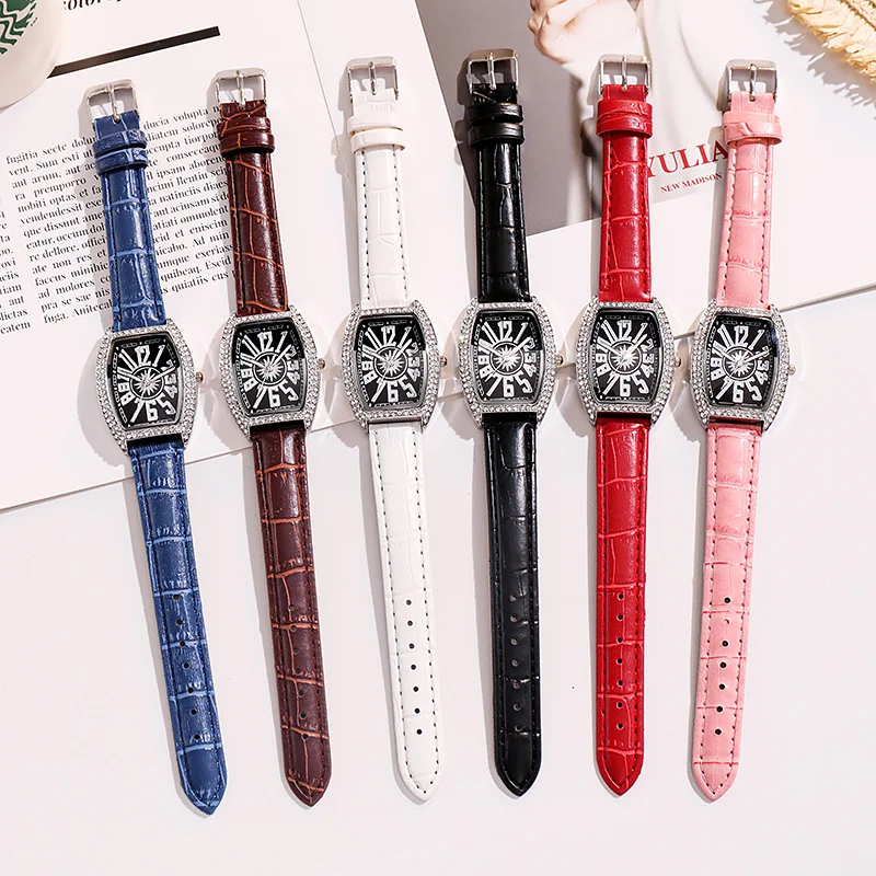 Women Tonneau Arabic Numbers Diamond Luxury Ladies Leather Quartz Wristwatches Clock Relogio Feminino | Наручные часы