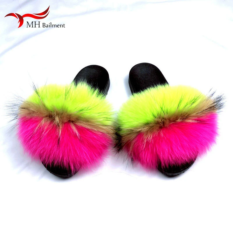 

Summer Women Fashion Real Fox Fur Slides Indoor Furry Home Slippers Girls Outdoor Fluffy Sandals Flat Shoes Woman