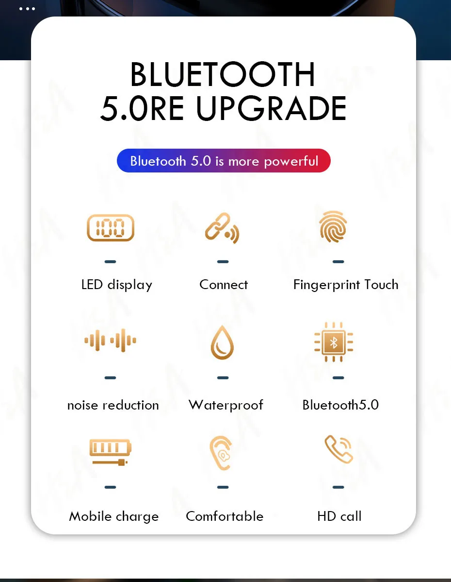 

Bluetooth V5.0 Earphones Touch Control HD Stereo Wireless Headphones Sports Waterproof Headset