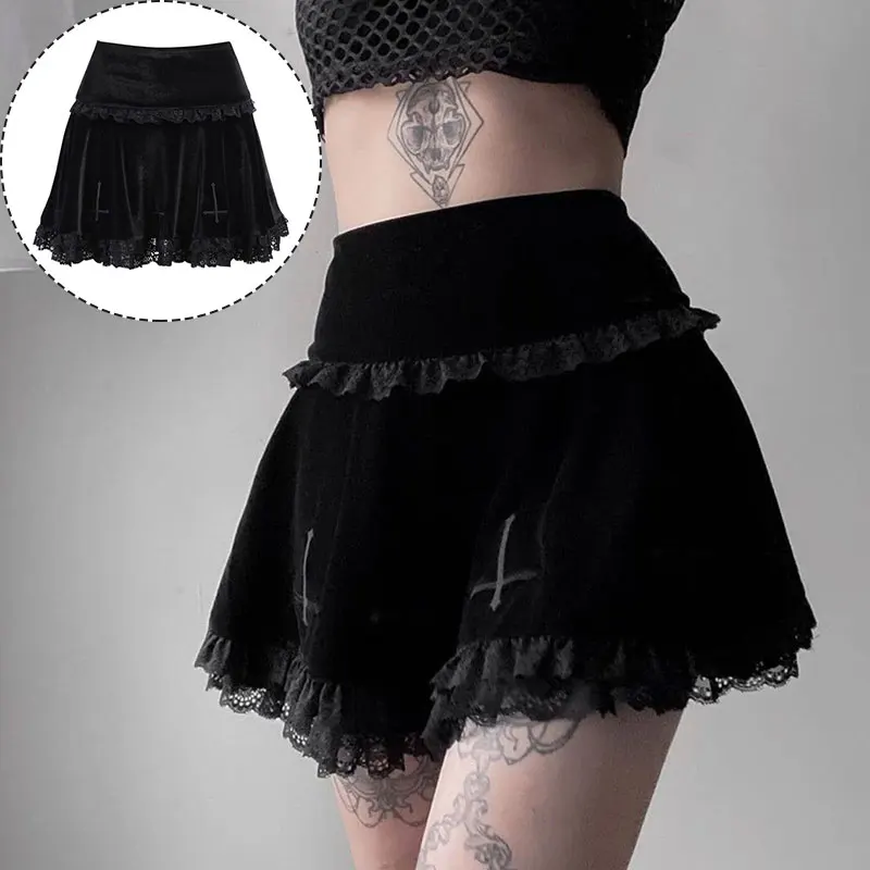 

Dark gothic personality Cross Pleated Steetwear A-Line Skirts Vintage Gothic Bottoms Grils Women Mini Skirts Clubwear Lace Brim