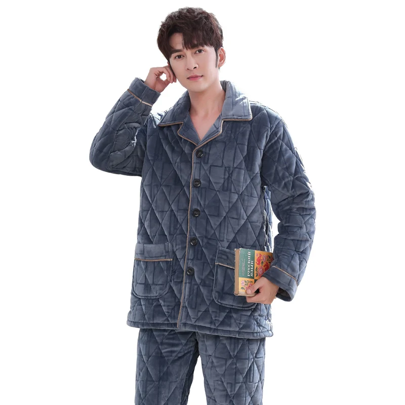 High quality winter thick coral fleece quilted pajamas men's cotton flannel long-sleeved jacket winter home service men pyjamas
