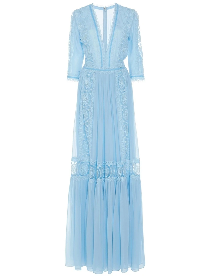 

2021 Vintage Lace Patchwork Chiffon Long Dresses For Women 2021 Summer Runway Elegant Ruffle Pleated Maxi Dress vestido de mujer