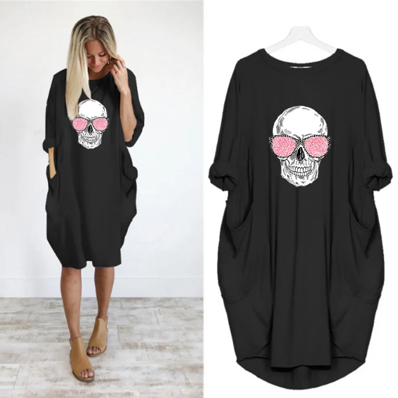 

Vintage Skull Print Dresses Plus Size Loose Long Sleeve Pockets Dresses Party Femme Robe Streetwear Sexy Women Clothing Casual