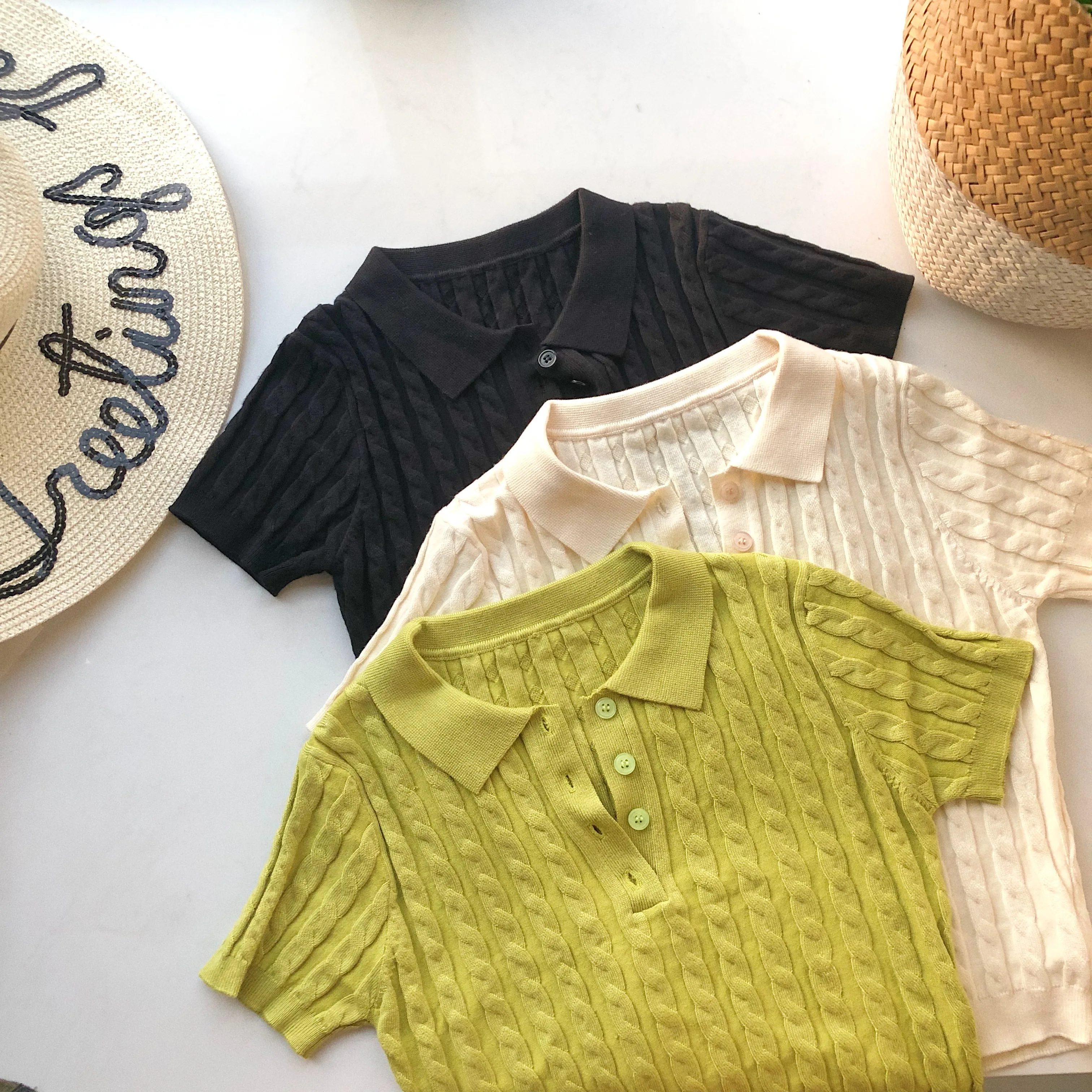 Винтажный короткий модный топ с отложным воротником и пуговицами трикотажная