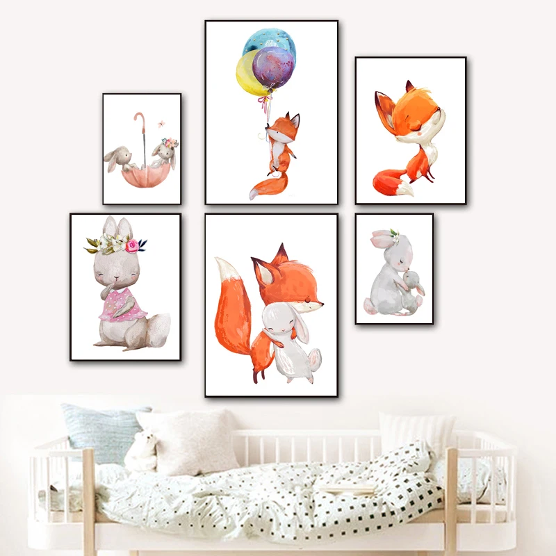Nordic мультфильм животных росписи холст картина принты и плакаты для Спальня