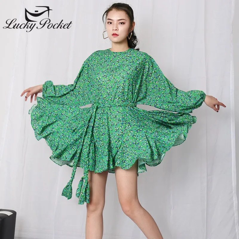 

Women Summer Green Ruffles O-Neck Floral Print Vestidos Female Loose Fashion Puff Sleeve Mini Dress Ladies Casual Dresses ML84
