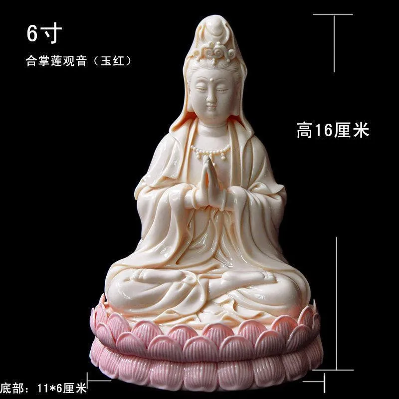 

8"CHINESE PORCELAIN JADE RED CLASP HANDS SITTING LOTUS KWAN-YIN STATUE