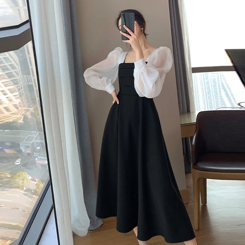 

Chiffon Stitching Square Neck Retro Mesh Dress Women Long Sleeve Fashion Hepburn Wind Black Dresses Elegant Fall Party Clothes