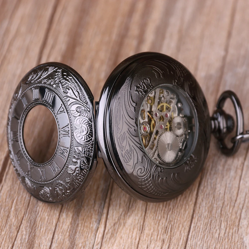 Black Steampunk Roman Numerals Display Skeleton Hand Style Mechanical Pocket Watch Retro Gentleman Men's Pendant Accessories