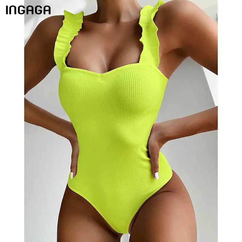 

INGAGA Ribbed One Piece Swimsuits Push Up Bodysuit Ruffle Strap Swimwear Women 2021 New Purple Bathing Suit Summer Beachwear
