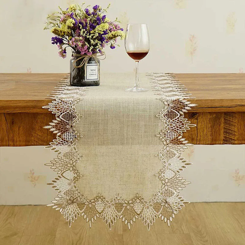 

Primary Color Linen Table Runner Lace Simple Modern Embroidered Cabinet Dust Cover Home Decoration Elegance Multiple Sizes 1pc