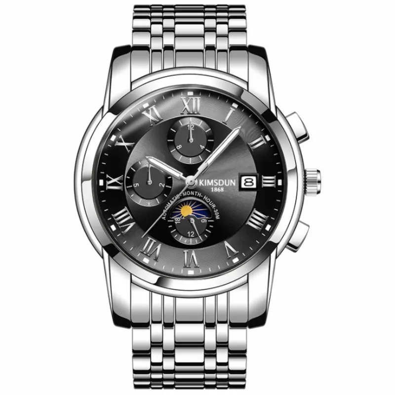 Автоматические механические часы для мужчин KIMSDUN Moon Phase светящиеся полые с