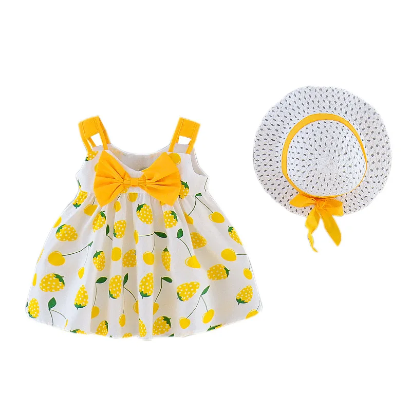 

2021 New Summer Baby Dresses Casual Cute Infant Kids Girls Fruit Bow Sleeveless Clothes Pretty Princess Dress + Sun Hat 2piece