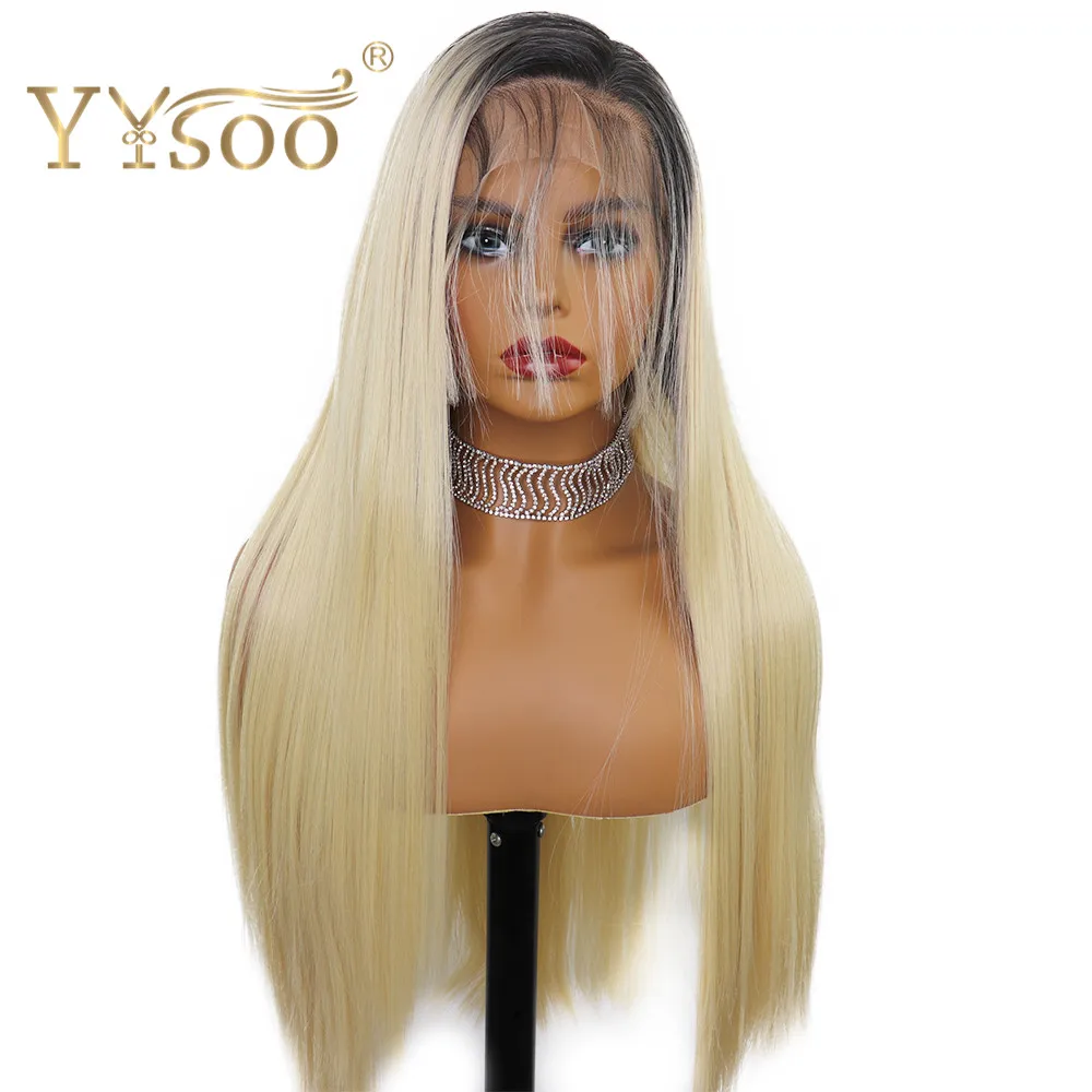 YYsoo T1b/613 длинные прямые полностью кружевные парики для женщин без клея полностью связанный вручную Ombre блонд синтетический парик с BabyHair конский хвост - Цвет: blonde