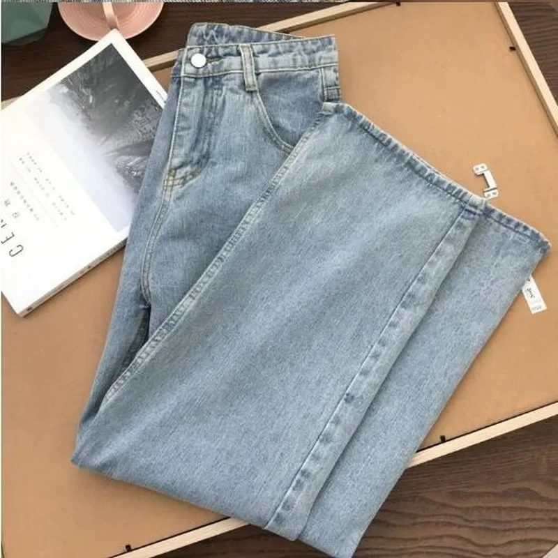 

Light Blue Denim Trousers Vintage Wide Leg Pants Women Korean Straight Long Pants High Waist Casual Loose With Belt 2021 HH136