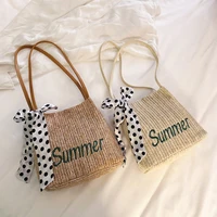 summer fashion style silk scarf decorated polyester bucket straw bag for women korean leisure beach shoulder bags handbag